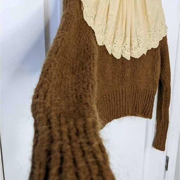ZARA Contrasting embroidery lace knit sweater brown beige Small @L1 - Picture 5 of 13